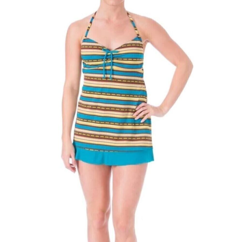MAINSTREAM Womens Swimdress SZ 12 One Piece Tankini Halter Emerald Green Striped